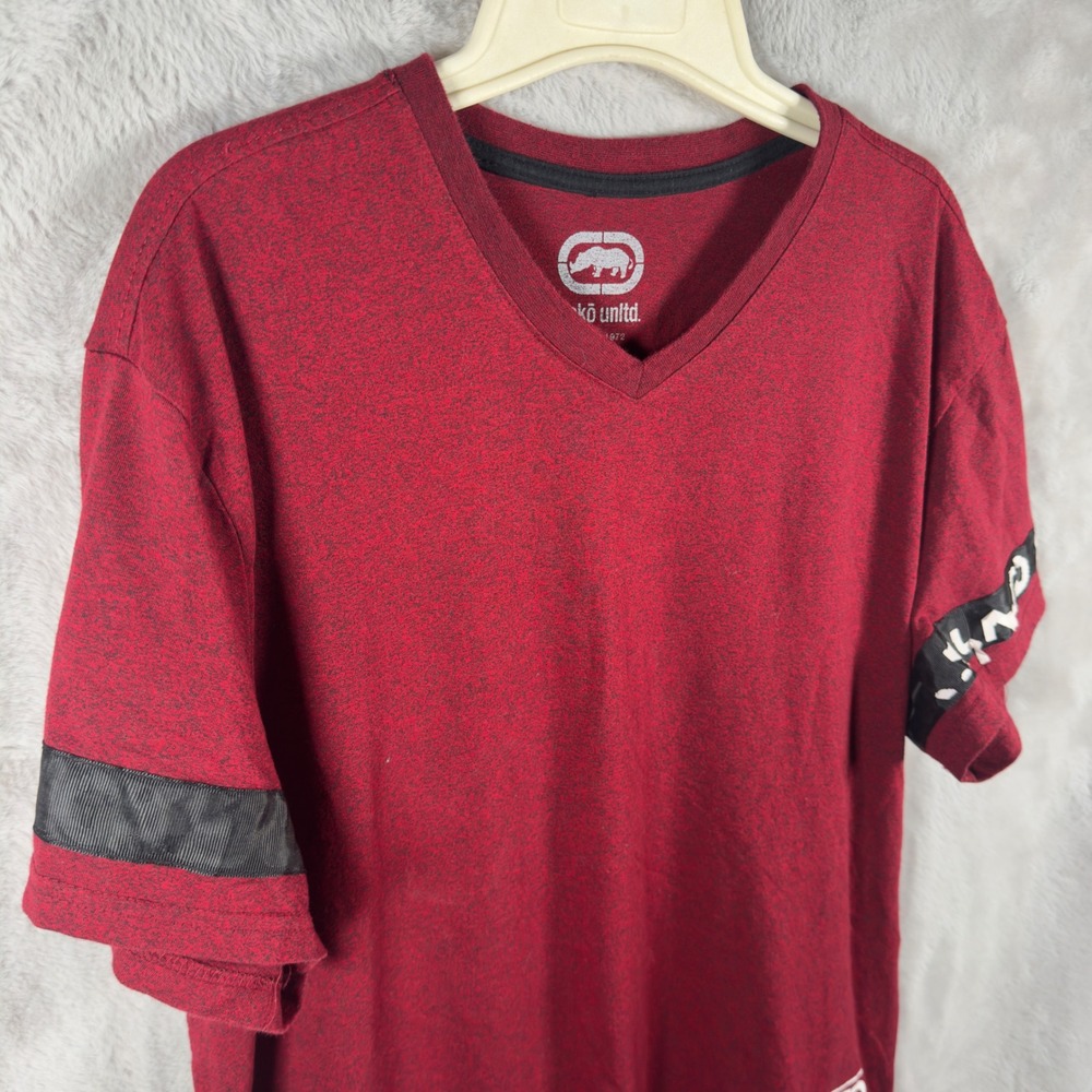 Ecko Unltd Mens XL V-Neck T-Shirt Burgundy Heather Rhino‎ Logo Y2K Streetwear